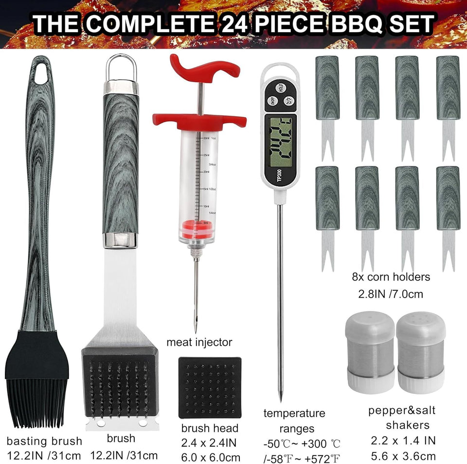 Grilljoy 24-Piece BBQ Tool Set with Thermometer & Injector
