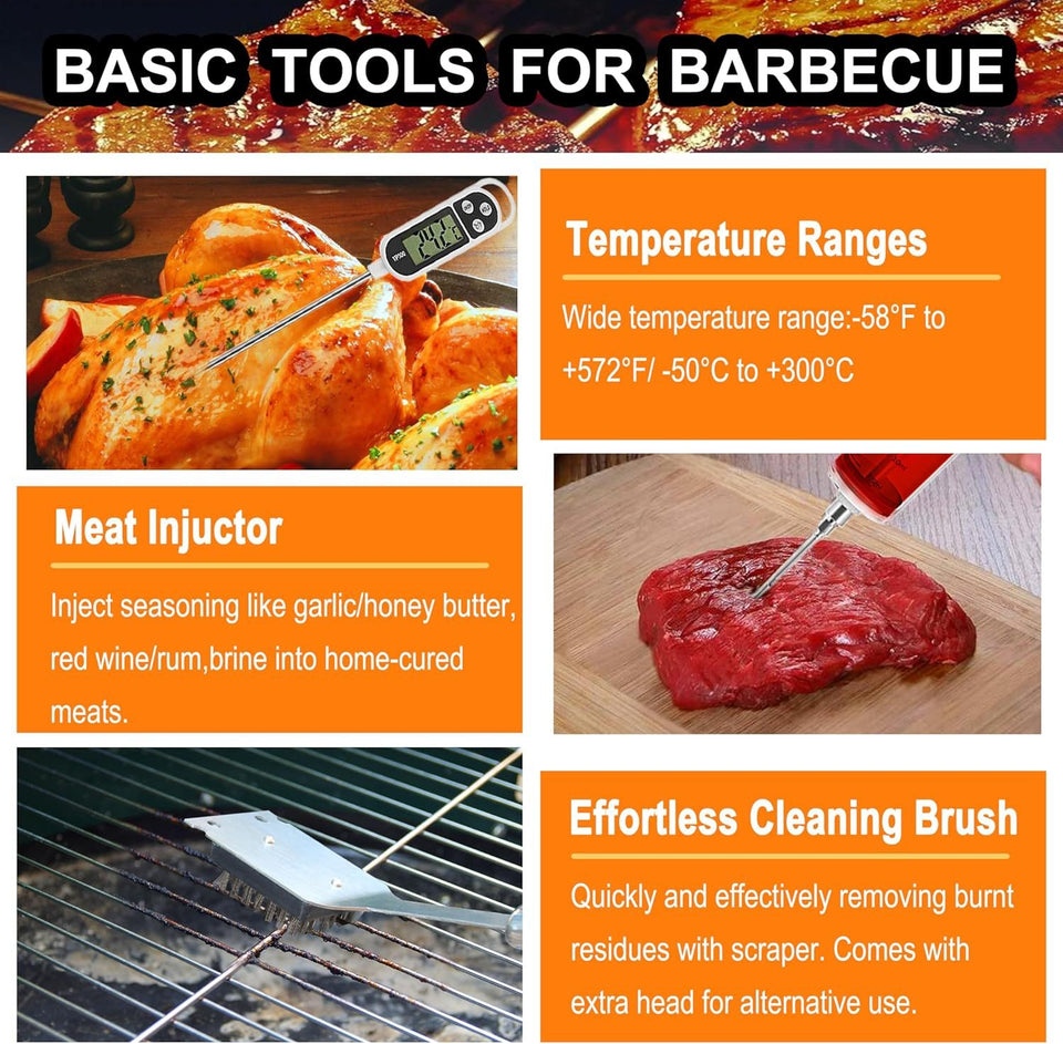 Grilljoy 24-Piece BBQ Tool Set with Thermometer & Injector