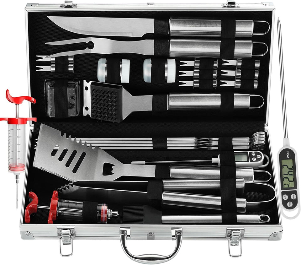 Grilljoy 24-Piece BBQ Tool Set with Thermometer & Injector