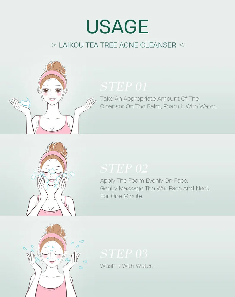 LAlKOU Tea Tree Cleanser Gentle Acne Treatment Blackhead Cleaner Shrink Pore Deep Clean Oil Control Moisturizing Face Skin Care