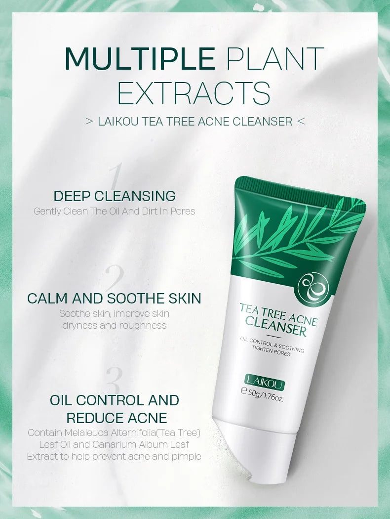 LAlKOU Tea Tree Cleanser Gentle Acne Treatment Blackhead Cleaner Shrink Pore Deep Clean Oil Control Moisturizing Face Skin Care
