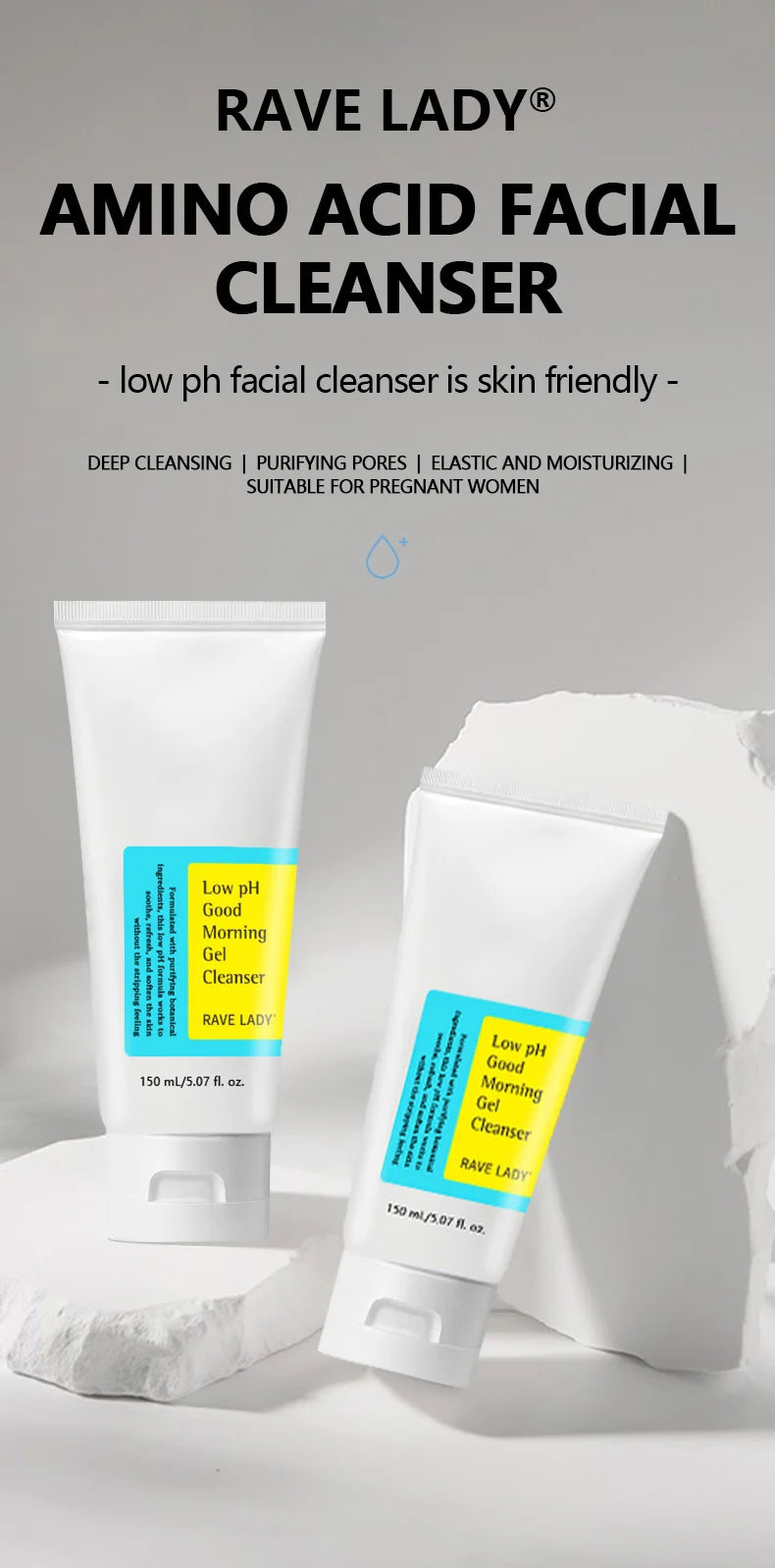 RAVE LADY Low PH 150ml Facial Cleanser Gentle Oil Control Moisturizing Face Wash Whitening Facial Foam Exfoliating Deep Remove