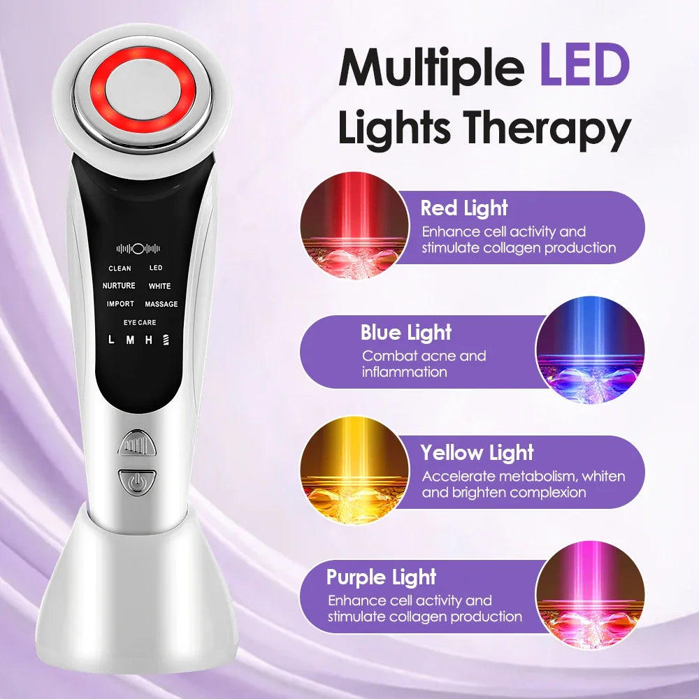 7 in 1 EMS Facial Massager Face Beauty Instrument with Induced Vibration and Hot Compress Face Skin Care Tool LED Light Therapy