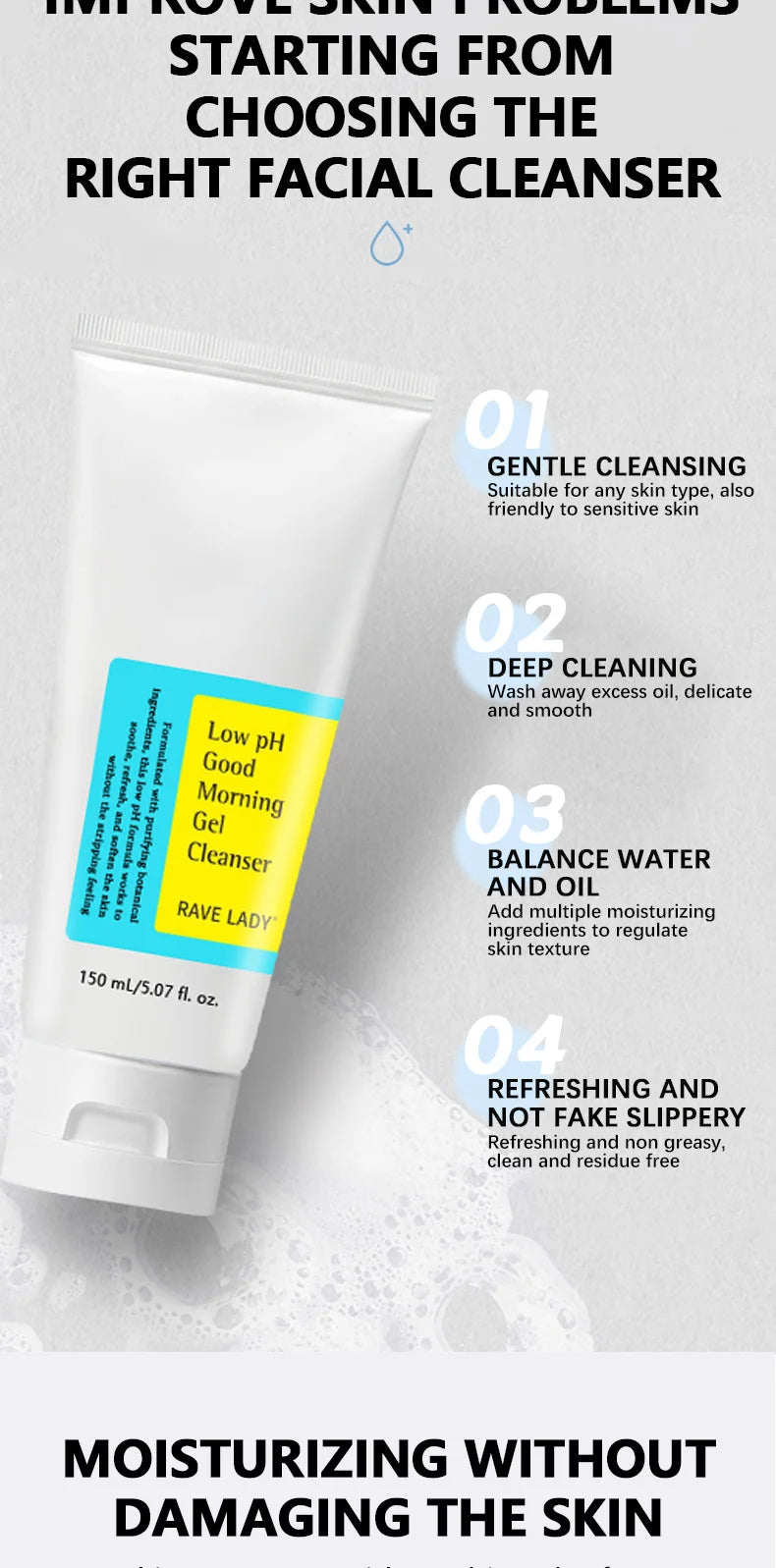 RAVE LADY Low PH 150ml Facial Cleanser Gentle Oil Control Moisturizing Face Wash Whitening Facial Foam Exfoliating Deep Remove