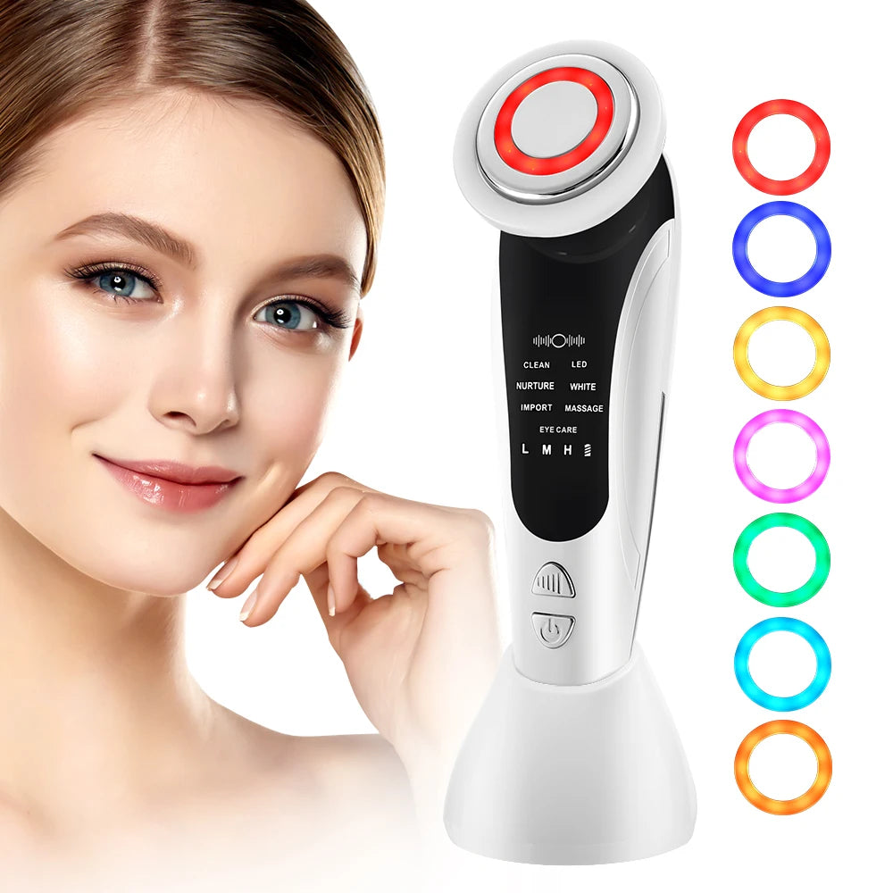 7 in 1 EMS Facial Massager Face Beauty Instrument with Induced Vibration and Hot Compress Face Skin Care Tool LED Light Therapy
