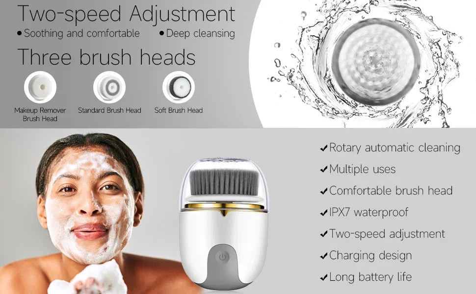 3 in 1 Ultrasonic Facial Cleanser Brush Electric Cleansing Face Brush 360° Rotate Automatic Brush Machine Deep Clean Beauty Tool