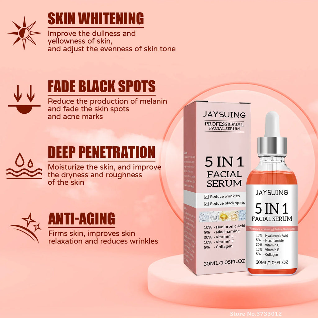 5 In 1 Face Serum Hyaluronic Acid Moisturizing Whitening Anti Wrinkle Aging Vitamin C Fade spots Shrink Pores Skin Care 30ml