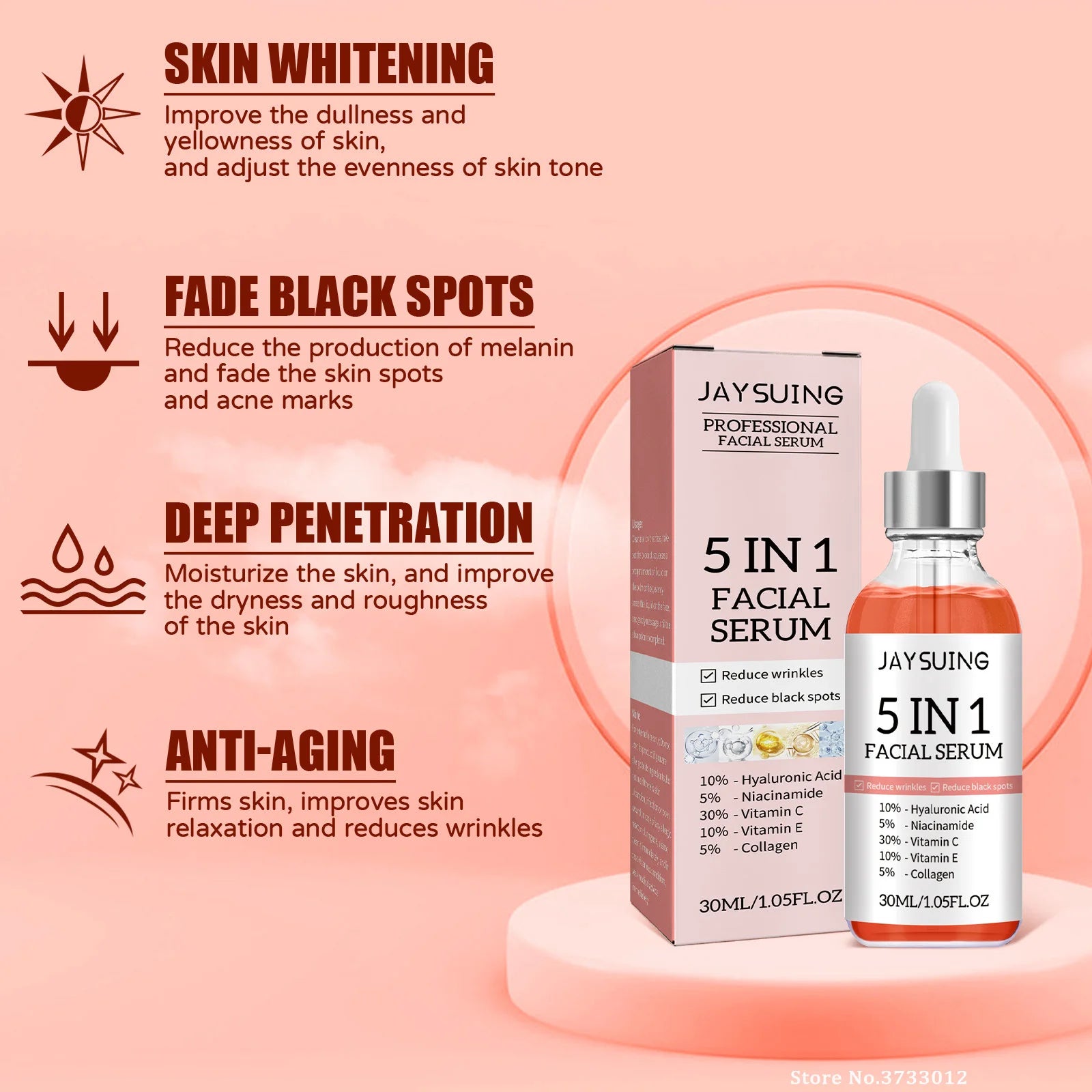 5 In 1 Face Serum Hyaluronic Acid Moisturizing Whitening Anti Wrinkle Aging Vitamin C Fade spots Shrink Pores Skin Care 30ml