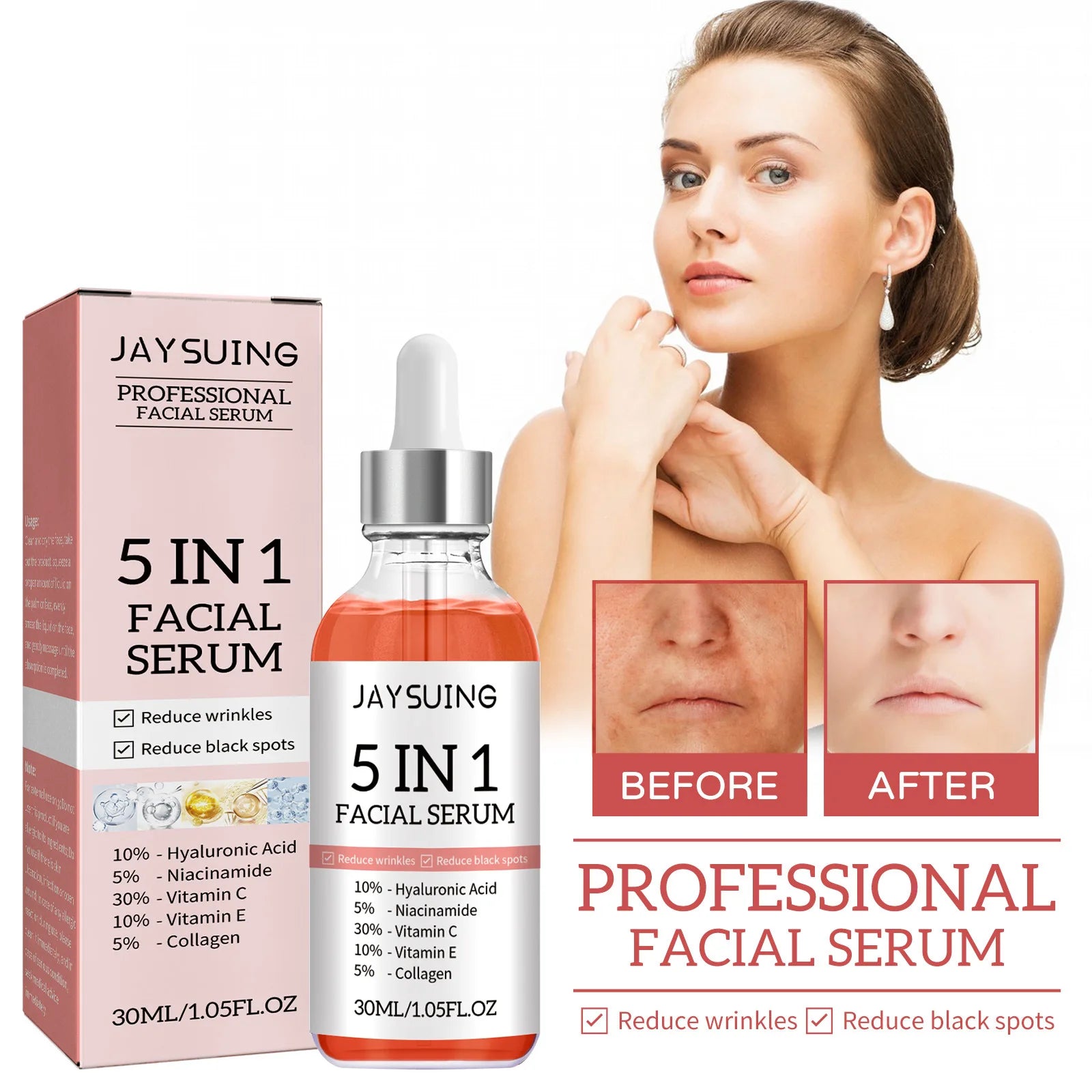5 In 1 Face Serum Hyaluronic Acid Moisturizing Whitening Anti Wrinkle Aging Vitamin C Fade spots Shrink Pores Skin Care 30ml