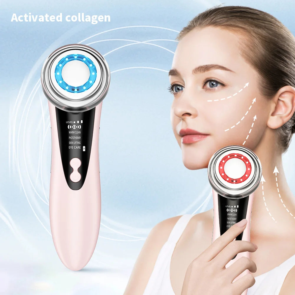 7 in 1 EMS Facial Massager Face Beauty Instrument with Induced Vibration and Hot Compress Face Skin Care Tool LED Light Therapy