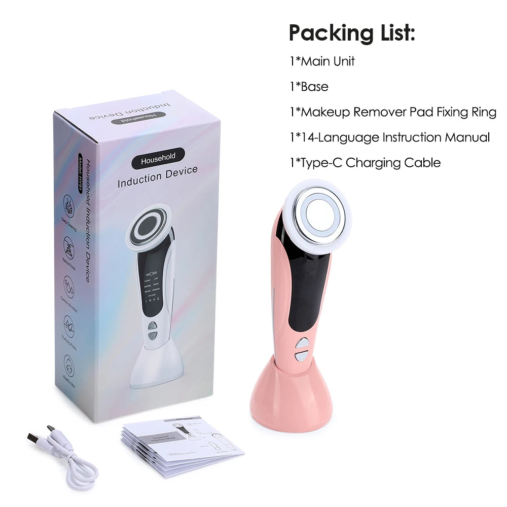 7 in 1 EMS Facial Massager Face Beauty Instrument with Induced Vibration and Hot Compress Face Skin Care Tool LED Light Therapy