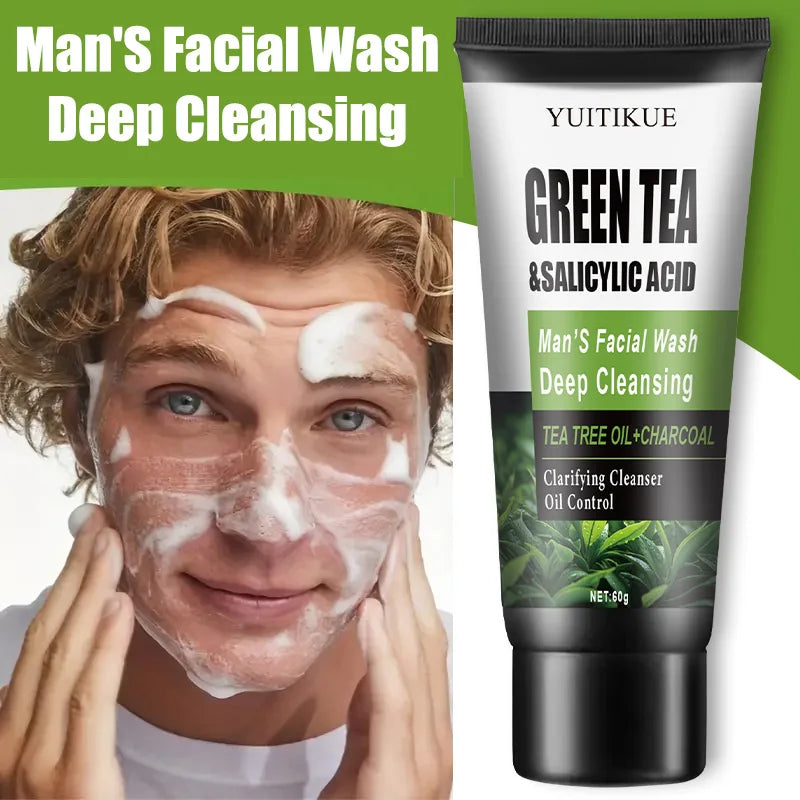 YUITIKUE Men's Facial Wash 60g - Green Tea & Salicylic Acid, Deep Cleansing, Oil Control, Tea Tree & Charcoal, For Men